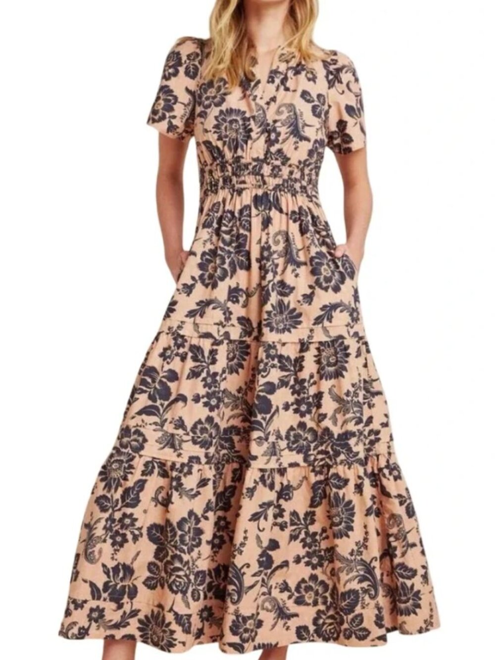 Maeve Somerset Floral Maxi Dress (Tan/Navy, 2X)